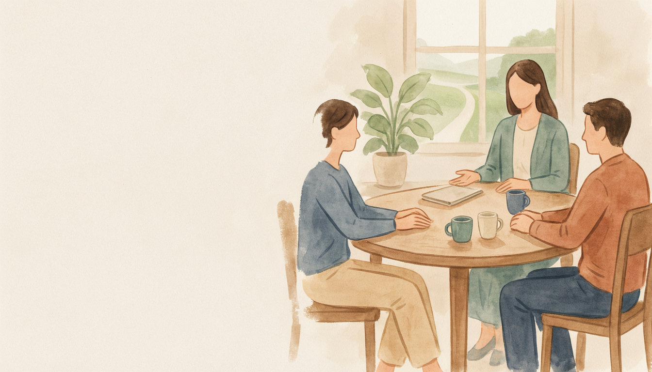 Illustration of two adults and a mediator at a round table, a path through the window, for Soft Landing Mediation