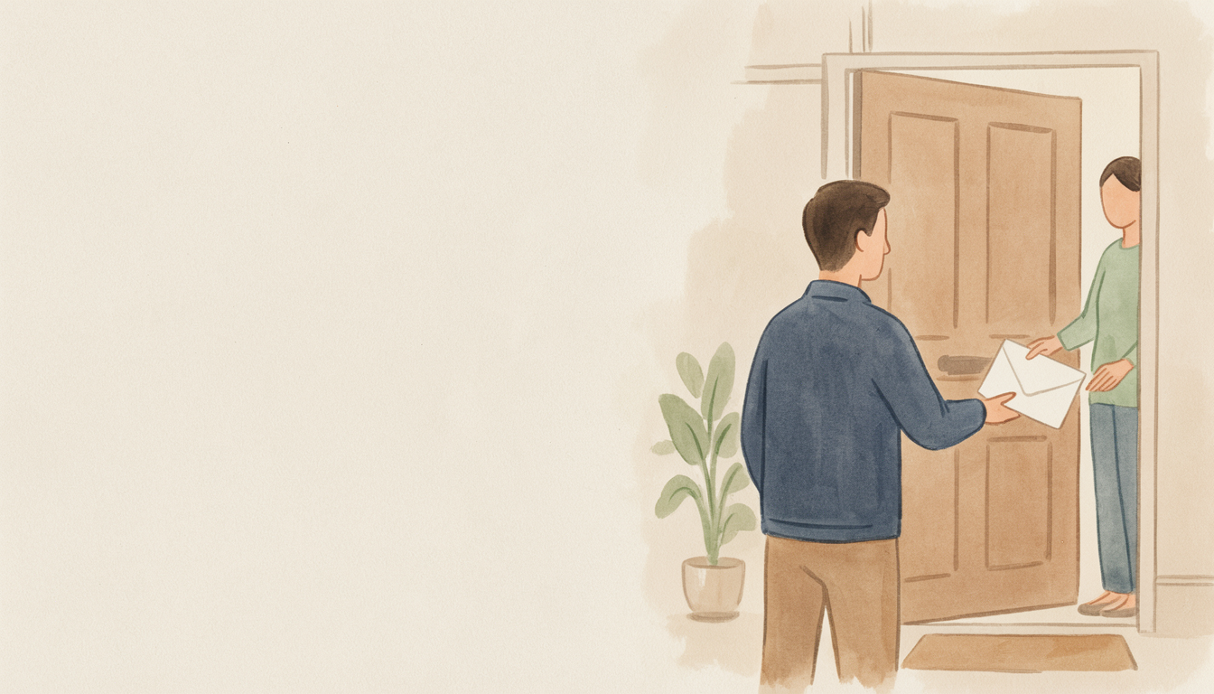 Illustration of an envelope being handed over at a front door, showing service of divorce papers in Ontario